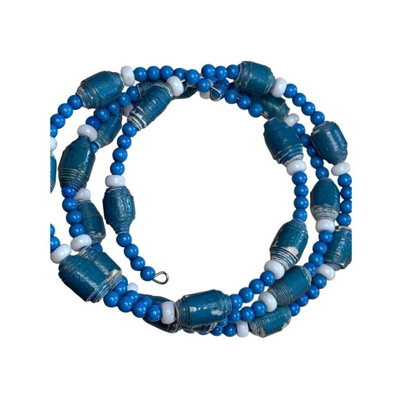 Handmade Blue & White Beaded Bracelet With Paper & Glass Beads Adjustable Wrap S - Picture 1 of 6